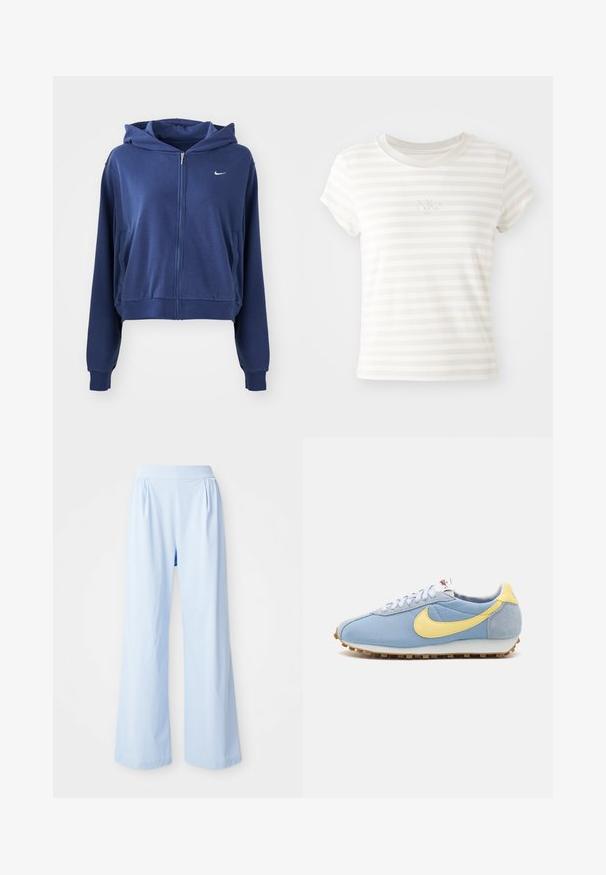 Mørkeblå zip-up hættetrøje lavet af blødt stof, med hætte, sidelommer og et lille hvidt logo på venstre bryst. Croppet design.; Hvidstribet kortærmet t-shirt lavet af blød bomuld. Har en rund halsudskæring og et lille broderet Nike-logo på brystet.; Lyseblå bredbenede bukser med en glat tekstur, elastisk talje og plisserede detaljer på fronten. Fremstillet af et blødt stof.; Blå mesh- og ruskinds-sneakers med gul Nike swoosh, hvide snørebånd og lysebrun sål; klassisk atletisk design.