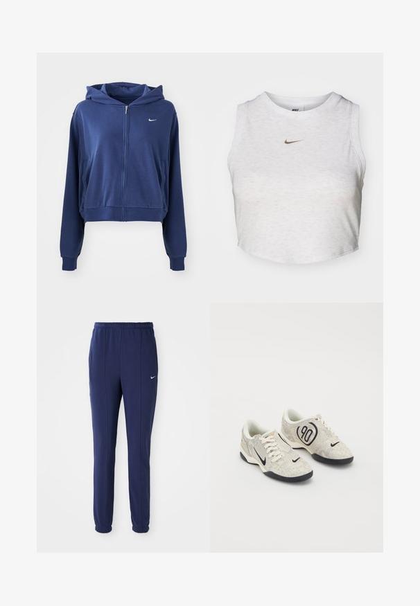Sudadera con cremallera de color azul marino, fabricada en tejido suave, con capucha, bolsillos laterales y un pequeño logotipo blanco en el lado izquierdo del pecho. Diseño corto.; Top corto blanco hecho de una tela suave y texturizada. Presenta un cuello redondo y un diseño sin mangas, con un pequeño logotipo dorado de Nike en la parte delantera.; Pantalones deportivos azul marino con cintura elástica, piernas ajustadas y logo de Nike blanco en el lado izquierdo. Hechos de una tela suave.; Zapatillas Nike con un upper texturizado en beige y gris, acentos negros, un gran logo de "90" y un cierre de cordones blancos. Suela negra.