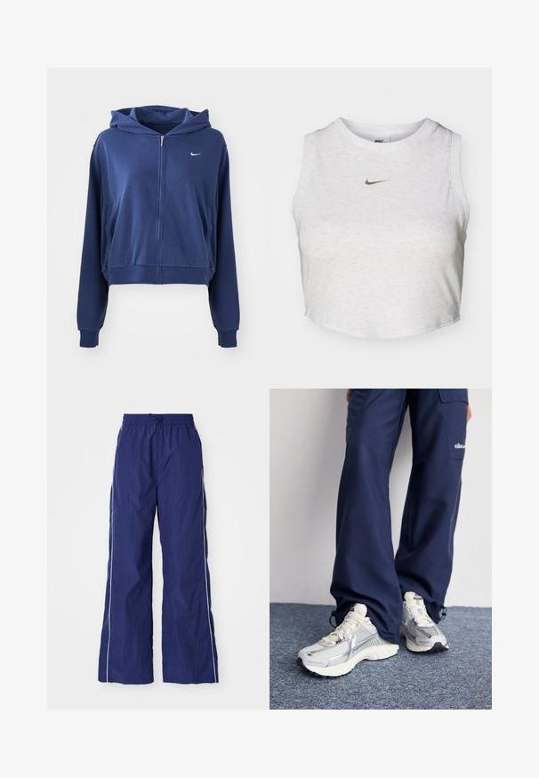 Marineblaues Zipp-Hoodie aus weichem Stoff, mit Kapuze, Seitentaschen und einem kleinen weißen Logo auf der linken Brust. Gekürztes Design.; Weißes Crop-Top aus weichem, strukturiertem Stoff. Verfügt über einen runden Ausschnitt und einen ärmellosen Schnitt mit einem kleinen goldenen Nike-Logo auf der Vorderseite.; Marineblaue, leichte, weit geschnittene Hose mit elastischem Bund und Kordelzug, mit weißen seitlichen Streifen und einer zerknitterten Textur.; Nike Sportschuhe mit einem silbernen Mesh-Obermaterial, weißen Akzenten und strukturierten Sohlen, kombiniert mit locker sitzenden marineblauen Hosen.