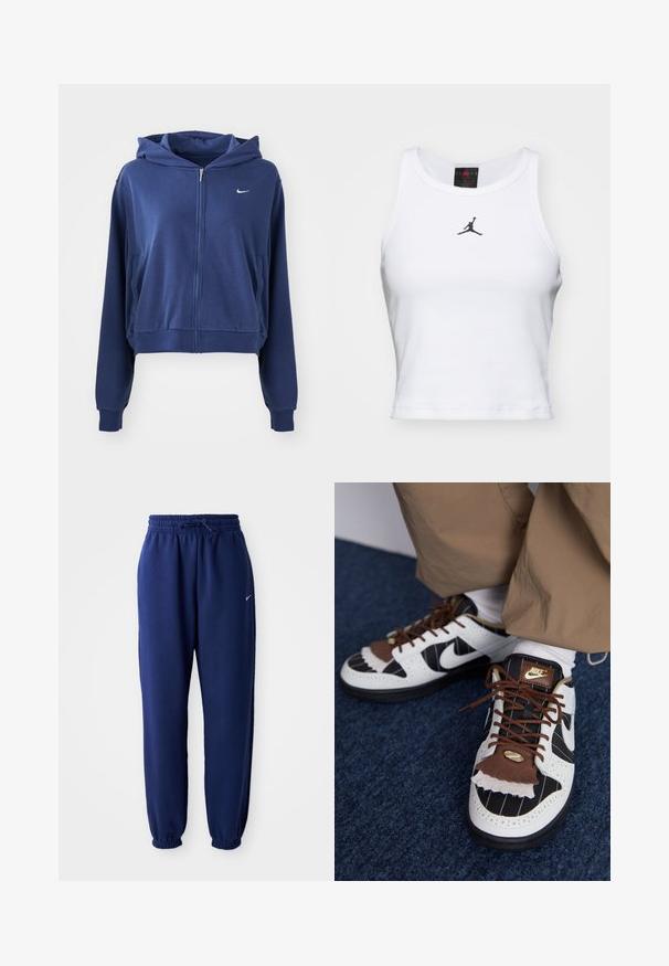 Mørkeblå zip-up hættetrøje lavet af blødt stof, med hætte, sidelommer og et lille hvidt logo på venstre bryst. Croppet design.; Hvid cropped tanktop lavet af bomuld med ribbet tekstur. Har et sort Jordan-logo i midten og en klassisk rund halsudskæring.; Mørkeblå sweatpants lavet af blødt stof, med elastisk talje med snøre, elastiske manchetter og et lille hvidt logo.; Nike sneakers med hvide, sorte og brune materialer. Har en tekstureret brun klaff, stribet design og traditionel snøring med guld accenter.