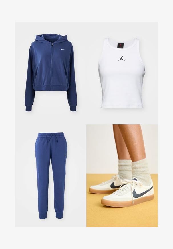 Mørkeblå zip-up hættetrøje lavet af blødt stof, med hætte, sidelommer og et lille hvidt logo på venstre bryst. Croppet design.; Hvid cropped tanktop lavet af bomuld med ribbet tekstur. Har et sort Jordan-logo i midten og en klassisk rund halsudskæring.; Blå Nike sweatpants med elastisk talje, snøre, afsluttende ankler og hvid Nike swoosh-logo på venstre lår.; Hvide Nike sneakers med navy swoosh, tekstureret stof, hvide snørebånd og gummisål, parret med fluffy lysegrønne sokker. Gul baggrund.