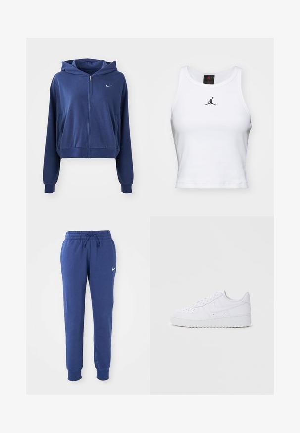 Marineblauwe ritssluiting hoodie gemaakt van zachte stof, met een capuchon, zijzakken en een klein wit logo op de linkerkant van de borst. Verkorte stijl.; Witte crop tanktop van katoen met een ribbeltextuur. Beschikt over een zwart Jordan-logo in het midden en een klassieke ronde hals.; Blauwe Nike trainingsbroek met elastische tailleband, trekkoord, gekruiste enkels en wit Nike swoosh-logo op de linkerdij.; Witte Nike Air Force 1 sneakers met een leren bovenwerk, ronde neus, vetersluiting, gewatteerde kraag en textuurrubberzool.