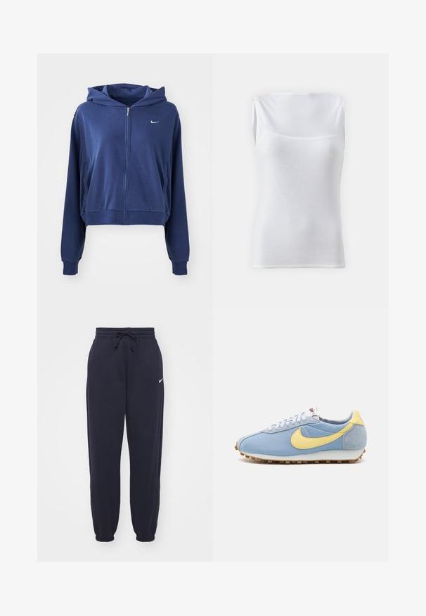 Mørkeblå zip-up hættetrøje lavet af blødt stof, med hætte, sidelommer og et lille hvidt logo på venstre bryst. Croppet design.; Hvid ærmeløs top lavet af ribbet stof, med rund halsudskæring og figursyet design. Glat tekstur uden synlige lukninger.; Nike joggingbukser i navyblå, lavet af blødt materiale. Har en elastisk talje med snor og manchetter ved anklerne. Lille hvidt logo accenter.; Blå mesh- og ruskinds-sneakers med gul Nike swoosh, hvide snørebånd og lysebrun sål; klassisk atletisk design.