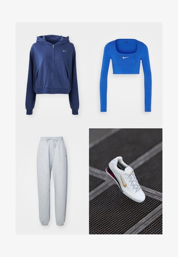 Mørkeblå zip-up hættetrøje lavet af blødt stof, med hætte, sidelommer og et lille hvidt logo på venstre bryst. Croppet design.; Nike Sportswear W NSW LS CROP TOP SW - Langærmet T-shirt - game royal/phantom; Lysgrå sweatpants lavet af blød bomuldsblanding, med elastisk talje og snoretræk, tapered ben og ribbede manchetter. Minimal brandingdetalje.; Hvid atletiksko med tekstureret overdel, gyldent swoosh-logo, røde detaljer ved hælen og grå snørebånd. Hævet sål for ekstra stødabsorbering.