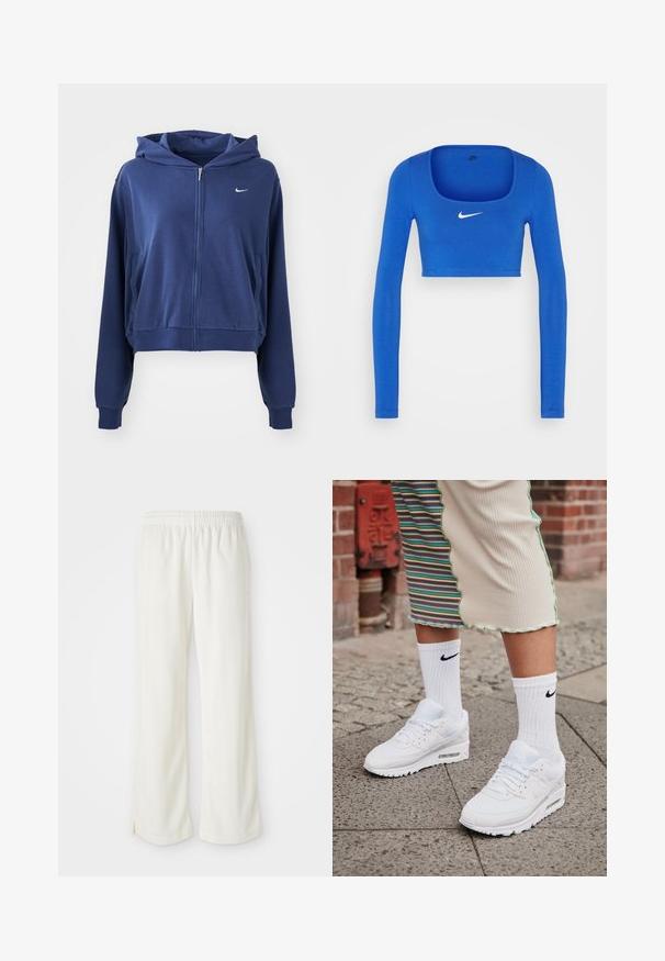 Mørkeblå zip-up hættetrøje lavet af blødt stof, med hætte, sidelommer og et lille hvidt logo på venstre bryst. Croppet design.; Nike Sportswear W NSW LS CROP TOP SW - Langærmet T-shirt - game royal/phantom; Cremefarvede bukser med bred ben-design, lavet af letvægtsmateriale, med lodrette striber og en elastisk talje.; Hvide Nike Air Max 90 sneakers med mesh og læderoverdel, der har en synlig luftenhed, parret med hvide ribbede sokker med sort logo.