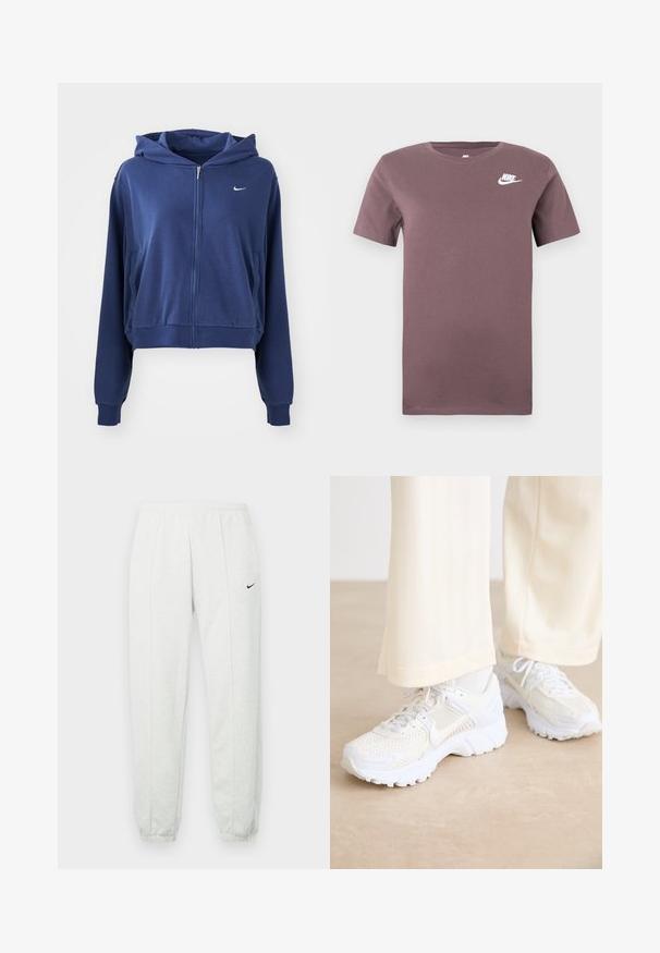 Sweat à zip couleur bleu marine en tissu doux, doté d'une capuche, de poches latérales et d'un petit logo blanc sur la poitrine gauche. Design court.; T-shirt à col rond à manches courtes Nike violet avec le logo Nike blanc sur la poitrine gauche, sur un fond uni.; Pantalon de survêtement Nike gris clair avec une taille élastique, des poignets resserrés et un petit logo noir sur la cuisse gauche. Tissu doux et texturé.; Baskets de sport blanches avec un design en maille, des surfaces texturées et des semelles de soutien. Lacets et détails de marque discrets sur le côté.