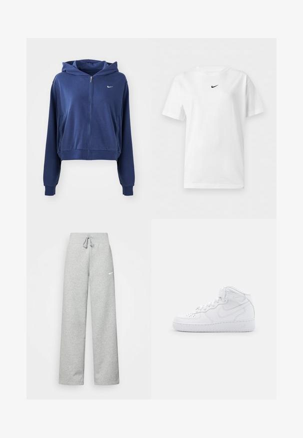 Marineblauwe ritssluiting hoodie gemaakt van zachte stof, met een capuchon, zijzakken en een klein wit logo op de linkerkant van de borst. Verkorte stijl.; Wit T-shirt met korte mouwen en een ronde hals, met een klein zwart Nike Swoosh-logo centraal vlakbij de kraag.; Grijze sweatpants met een elastische tailleband, een trekkoord-detail en een klein wit Nike-logo op de linkerdij. Zachte stof, losvallend.; Witte hoge sneakers van leer met een gevoerde kraag, geperforeerde neus, veters en een verstelbare enkelband; logo op de zijkant.