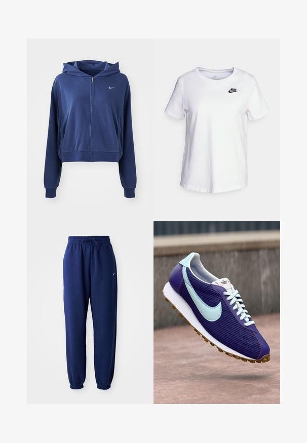 Sweat à zip couleur bleu marine en tissu doux, doté d'une capuche, de poches latérales et d'un petit logo blanc sur la poitrine gauche. Design court.; T-shirt en coton blanc avec un col rond et des manches courtes. Présente un logo Nike noir dans la partie supérieure gauche de la poitrine.; Pantalons de survêtement bleu marine en tissu doux, avec une taille élastique à cordon de serrage, des poignets élastiques et un petit logo blanc.; Baskets Nike violettes avec un swoosh bleu clair, des lacets blancs et une semelle en caoutchouc, présentées en suspension au-dessus d'une surface en béton en extérieur.