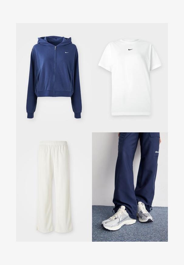 Námornícka modrá mikina na zips vyrobená z mäkkého materiálu, s kapucňou, bočnými vreckami a malým bielym logom na ľavej strane hrude. Skrátený strih.; Biele tričko s krátkym rukávom a okrúhlym výstrihom, na ktorom je malé čierne logo Nike swoosh umiestnené tesne pod výstrihom.; Krémyové nohavice s širokým strihom, vyrobené z ľahkého materiálu, s vertikálnymi pruhmi a elastickým pásom.; Športové topánky Nike s strieborným sieťovaným zvrškom, bielymi detailmi a textúrovanými podrážkami, skombinované s voľnými námorníckymi nohavicami.