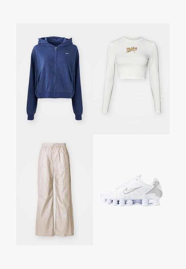 Námornícka modrá mikina na zips vyrobená z mäkkého materiálu, s kapucňou, bočnými vreckami a malým bielym logom na ľavej strane hrude. Skrátený strih.; Biele dlhé rukávy cropped tričko vyrobené z hladkej tkaniny, s potlačou zlatého loga Nike na hrudi a klasickým okrúhlym výstrihom.; Svetlo béžové široké nohavice vyrobené z krčenej látky, s elastickým pásom na šnúrku a bočnými vreckami.; Biele športové topánky s jemnou sieťovinou na hornej časti, striebornými detailmi a jedinečným dizajnom podpätka v tvare cievky. Majú polstrovaný golier a šnurovanie pre lepšie udržanie na nohe.