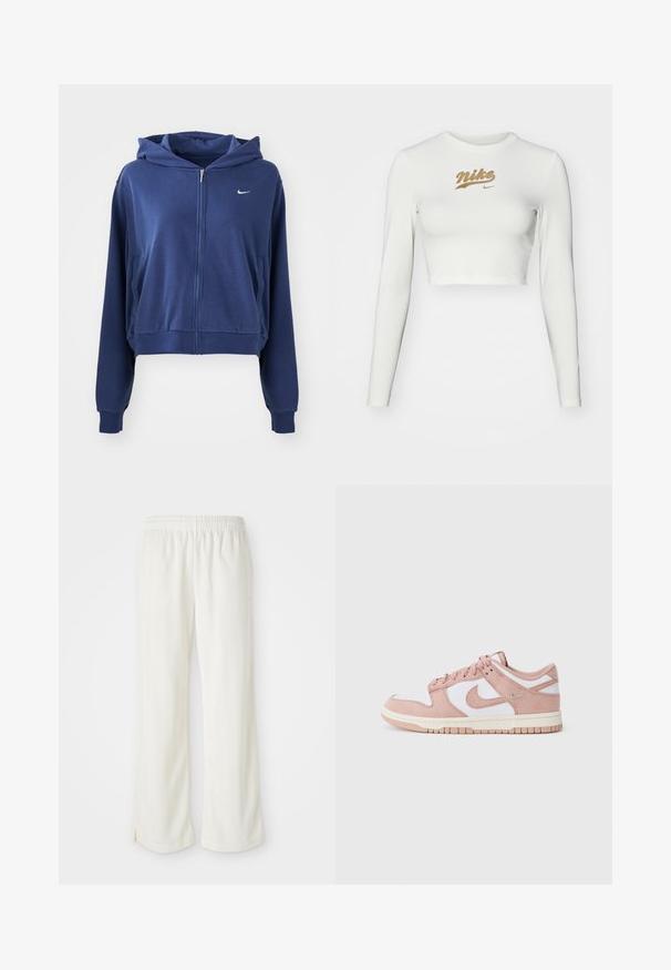 Marineblauwe ritssluiting hoodie gemaakt van zachte stof, met een capuchon, zijzakken en een klein wit logo op de linkerkant van de borst. Verkorte stijl.; Witte langemouwen crop top van een soepele stof, met een gouden Nike-logo op de borst en een klassieke ronde hals.; Crème-kleurige broek met een wijde pijpdesign, gemaakt van lichtgewicht materiaal, met verticale strepen en een elastische tailleband.; Sneaker heeft een bovenwerk van zacht roze suede, witte leren panelen en een gestructureerde rubberen zool. Opvallend swoosh-logo aan de zijkanten, vetersluiting.