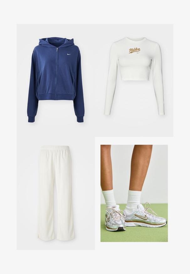 Sweat à zip couleur bleu marine en tissu doux, doté d'une capuche, de poches latérales et d'un petit logo blanc sur la poitrine gauche. Design court.; Crop top blanc à manches longues en tissu lisse, avec un imprimé doré du logo Nike sur la poitrine et un col rond classique.; Pantalon de couleur crème avec une coupe large, fabriqué en matériau léger, arborant des rayures verticales et une taille élastique.; Baskets athlétiques argentées avec des accents blancs et dorés, dotées d'un dessus en maille, d'une semelle en caoutchouc et d'une finition réfléchissante. Chaussettes visibles au-dessus de la cheville.