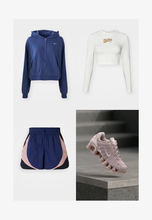 Námornícka modrá mikina na zips vyrobená z mäkkého materiálu, s kapucňou, bočnými vreckami a malým bielym logom na ľavej strane hrude. Skrátený strih.; Biele dlhé rukávy cropped tričko vyrobené z hladkej tkaniny, s potlačou zlatého loga Nike na hrudi a klasickým okrúhlym výstrihom.; Športové šortky Nike s elastickým pásom, s námorníckymi, ružovými a čiernymi panelmi. Vyrobené z ľahkej, textúrovanej látky.; Topánky Nike Air Max svetloružovej farby, s vrchnou časťou z priedušnej sieťoviny, polstrovaným jazykom a robustnou priehľadnou podrážkou s vlnitým dizajnom.