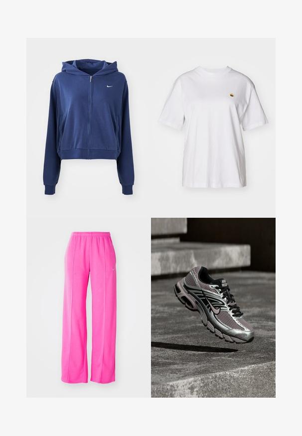 Sweat à zip couleur bleu marine en tissu doux, doté d'une capuche, de poches latérales et d'un petit logo blanc sur la poitrine gauche. Design court.; T-shirt en coton blanc avec une coupe décontractée, des manches courtes et un petit logo brodé sur la poitrine gauche.; Pantalons de survêtement rose, ample et léger, avec une taille élastique et des coutures latérales. Présente un petit logo près de la cuisse supérieure gauche.; Chaussure de course Nike Air Max en mesh argenté, noir et violet, montrée en vol au-dessus d'une surface en béton et d'escaliers.