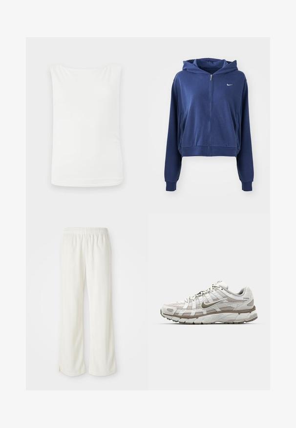 Sudadera con cremallera de color azul marino, fabricada en tejido suave, con capucha, bolsillos laterales y un pequeño logotipo blanco en el lado izquierdo del pecho. Diseño corto.; Top sin mangas blanco hecho de una tela suave, con un corte holgado y un escote redondeado. Sin patrones ni adornos.; Pantalones color crema con un diseño de pierna ancha, hechos de material ligero, que presentan rayas verticales y una cintura elástica.; Zapatilla deportiva blanca con parte superior de malla, acentos marrón claro y una suela acolchada. Presenta un cierre con cordones y texto en el costado.