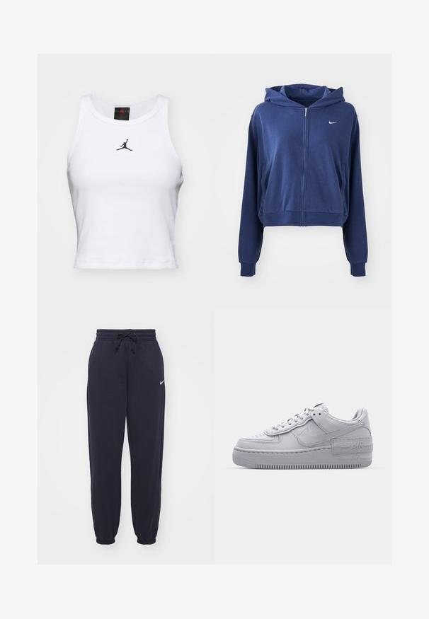 Marineblauwe ritssluiting hoodie gemaakt van zachte stof, met een capuchon, zijzakken en een klein wit logo op de linkerkant van de borst. Verkorte stijl.; Witte crop tanktop van katoen met een ribbeltextuur. Beschikt over een zwart Jordan-logo in het midden en een klassieke ronde hals.; Nike trainingsbroeken in marineblauw, gemaakt van zacht materiaal. Voorzien van een elastische tailleband met trekkoord en aangesloten enkels. Kleine witte logo-accent.; Grijze Nike Air Force 1 sneaker met geperforeerde neus, glad leren bovenwerk, dikke zool en verhoogde 'AIR' details op de hiel.