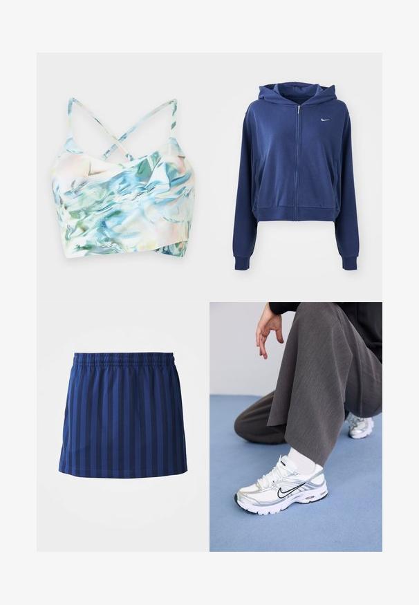 Marineblauwe ritssluiting hoodie gemaakt van zachte stof, met een capuchon, zijzakken en een klein wit logo op de linkerkant van de borst. Verkorte stijl.; Voorkant van een cropped bikini top in meerkleurige, iriserende stof met kruisbandjes, met een golvend patroon in tinten blauw en groen.; Marineblauwe rok met verticale strepen, elastische tailleband, lengte tot halverwege het bovenbeen, gemaakt van lichte stof, gladde textuur.; Witte en zilveren sport schoenen van mesh en synthetische materialen, met zwarte accentlijnen, veters en gestructureerde zolen.