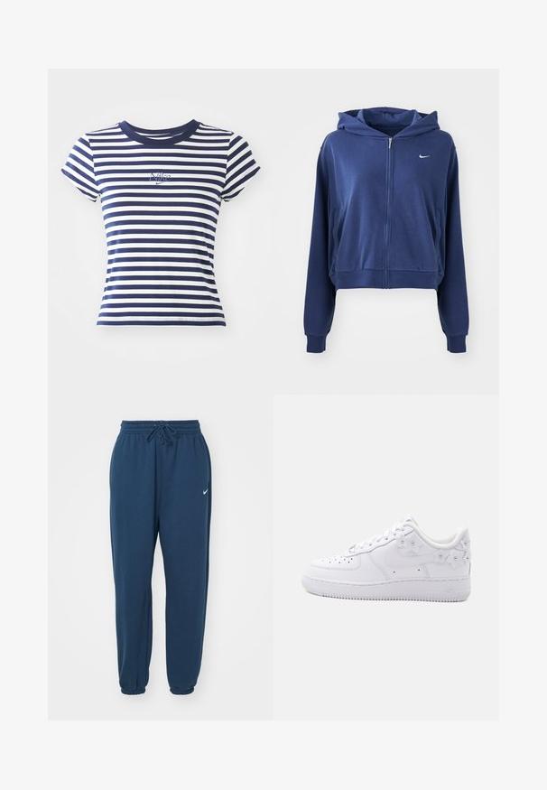 Sudadera con cremallera de color azul marino, fabricada en tejido suave, con capucha, bolsillos laterales y un pequeño logotipo blanco en el lado izquierdo del pecho. Diseño corto.; Camiseta de rayas azul marino y blanca, mezcla de algodón, con mangas cortas y cuello redondo, que presenta un pequeño logo de Nike bordado en el frente.; Pantalones de chándal azul marino hechos de tela suave, con una cintura elástica con cordón y un pequeño logo blanco de Nike en el lado izquierdo.; Zapatilla blanca de caña baja con puntera perforada, logo Nike y detalles decorativos florales blancos en el talón y el lateral.