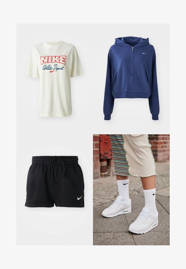 Mørkeblå zip-up hættetrøje lavet af blødt stof, med hætte, sidelommer og et lille hvidt logo på venstre bryst. Croppet design.; Hvid bomulds t-shirt med rød og blå "NIKE" logo med teksten "Just Do It" ovenover og "Athletic Depart." nedenfor, korte ærmer, rund hals.; Sorte atletiske shorts lavet af blødt materiale, med en elastisk linning og snor, sideskår og et lille hvidt logo i nederste kant.; Hvide Nike Air Max 90 sneakers med mesh og læderoverdel, der har en synlig luftenhed, parret med hvide ribbede sokker med sort logo.