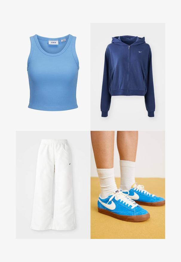 Námornícka modrá mikina na zips vyrobená z mäkkého materiálu, s kapucňou, bočnými vreckami a malým bielym logom na ľavej strane hrude. Skrátený strih.; Svetlomodrý rebrovaný krátky top bez rukávov s okrúhlym výstrihom a štítkom značky JJXX vo vnútri goliera.; Biele športové nohavice so širokým strihom, elastickým pásom a malým čiernym logom Nike na ľavej strane. Hladký, ľahký materiál.; Modré semišové tenisky Nike s bielymi akcentmi, plochými šnúrkami a hnedými gumovými podrážkami, doplnené o rebrové biele ponožky.