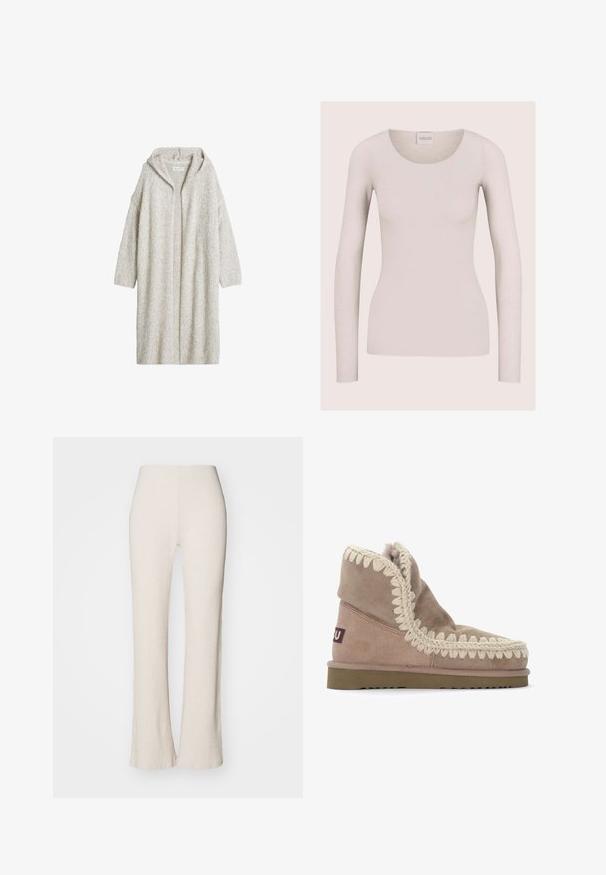 Lange beige gebreide cardigan met kap en lange mouwen en open voorkant, afgebeeld op een witte achtergrond.; Lichtbeige nauwsluitende top voor dames met lange mouwen, een ronde halslijn en zonder zichtbare patronen of versieringen.; Crème ribgebreide broek met een flared leg ontwerp, met een hoge tailleband en een zachte textuur. De stof lijkt rekbaar en zacht.; Tan suède enkelboot met een gemêleerde crèmekleurige vlechtvormige rand langs de opening en een rubberen zool. Zachte voering zichtbaar aan de bovenkant.