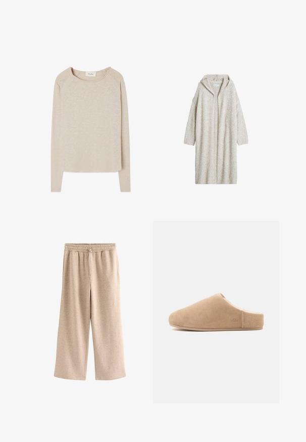 Langer beiger gestrickter Kapuzencardigan mit langen Ärmeln und offenem Vorderteil, dargestellt vor weißem Hintergrund.; Beige Langarmshirt aus einem weichen, strukturierten Stoff. Mit rundem Halsausschnitt und Raglanärmeln. Abgerundeter Saum mit lockerer Passform.; Beige Hose mit weitem Bein, elastischem Bund und Kordelzug, aus einem weichen, gesprenkelten Stoff.; Beiger Wildleder-Slipper mit weichem Futter und flacher Sohle, geschlossener Zehenpartie, offenem Fersenbereich und dezentem "UGG" Logo an der Seite.