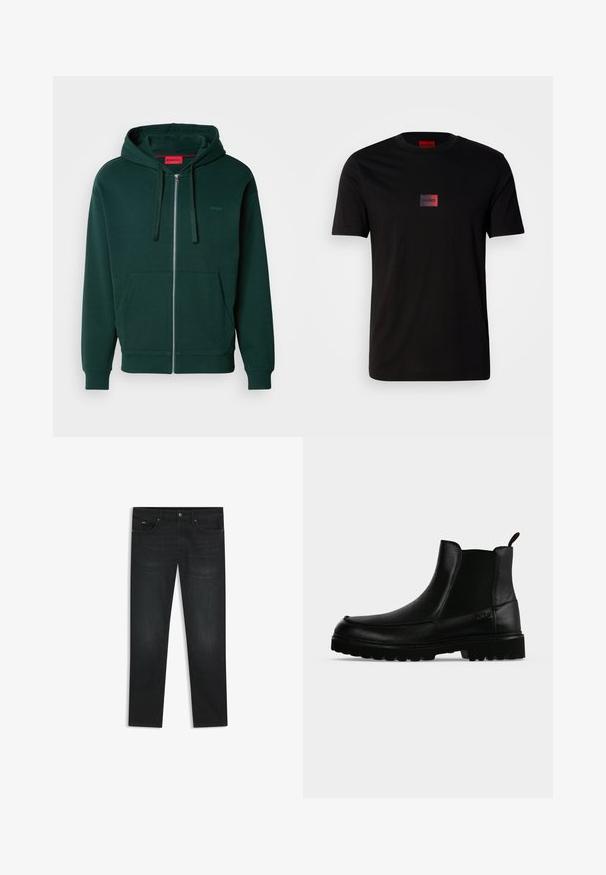 Grüne Zip-Hoodie mit Kängurutasche, verstellbarem Kapuzenzug und gerippten Bündchen. Mit kleinem Logo im linken Brustbereich. Weiche Stofftextur.; Schwarzes Baumwoll-T-Shirt mit einem kleinen rechteckigen Logo in Verlauf von Schwarz zu Rot auf der Brust. Kurze Ärmel und Rundhalsausschnitt.; Schwarze Jeans aus Denim mit geradem Beinanschnitt, klassischem Fünf-Taschen-Design, Reißverschluss und dezenten Nähdetails.; Schwarzer Lederknöchelstiefel mit strukturierter Sohle, elastischen Seitenteilen und Zuglasche vor einem hellgrauen Hintergrund.