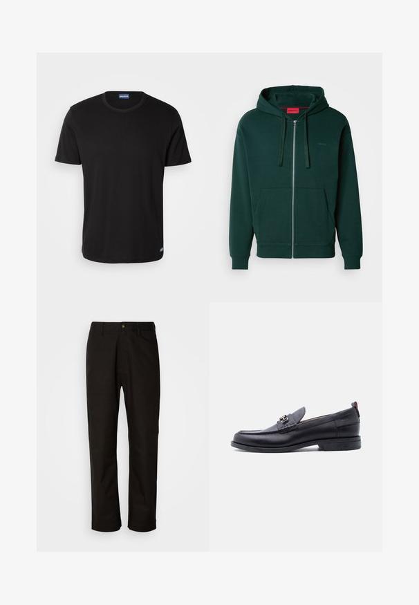 Grüne Zip-Hoodie mit Kängurutasche, verstellbarem Kapuzenzug und gerippten Bündchen. Mit kleinem Logo im linken Brustbereich. Weiche Stofftextur.; Schwarzes T-Shirt mit kurzen Ärmeln aus Baumwolle, mit rundem Halsausschnitt und einem kleinen Logotag am Saum. Glatte Textur, reguläre Passform.; Schwarze Baumwollhosen mit geradem Schnitt, Gürtelschlaufen, einem Reißverschluss vorne und einem einzelnen Knopfverschluss. Glatte Textur ohne sichtbare Muster.; Schwarzer Lederloafer mit grauem, strukturiertem Vorderblatt, silberner Metallschnalle, niedrigem Absatz und Zuglasche hinten.