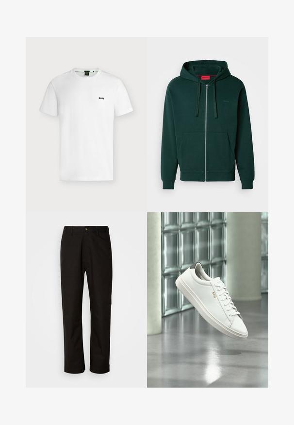 Grøn zip-up hættetrøje med en kængurulomme, snøre i hætten og ribbede manchetter. Har et lille logo på venstre brystområde. Blødt stoftekstur.; En ensfarvet hvid T-shirt med korte ærmer og et lille sort "BOSS"-logo på venstre bryst, vist på en lys baggrund.; Sorte bomuldsbukser med lige pasform, bæltestropper, lynlås foran og en enkelt knappelukning. Glat tekstur uden synlige mønstre.; Hvid læder lav-top sneaker med snørebånd, sort hælflig og "BOSS"-logo, svævende indendørs nær glasblok væg og poleret gulv.