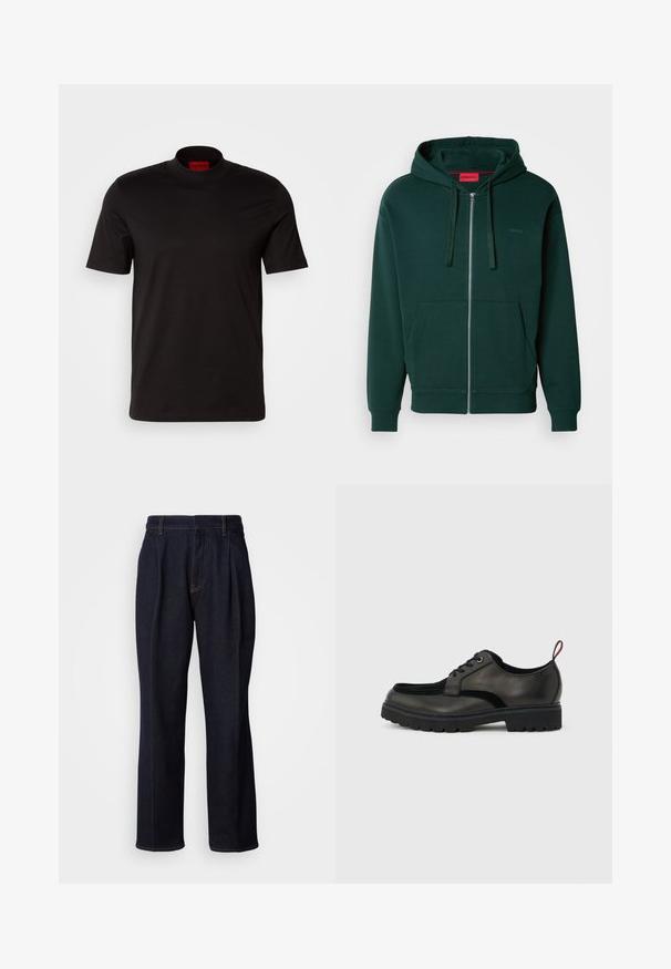 Grøn zip-up hættetrøje med en kængurulomme, snøre i hætten og ribbede manchetter. Har et lille logo på venstre brystområde. Blødt stoftekstur.; Sort kortærmet t-shirt med høj hals design. Fremstillet af glat stof. Har et rødt mærke på indersiden af kraven.; Mørkeblå vidde denim jeans med frontfældninger og orange syninger, vist på hvid baggrund.; Sort læder snøresko med tyk slidbanesål og rød hælestropp, vist i sideprofil på en lysegrå baggrund.