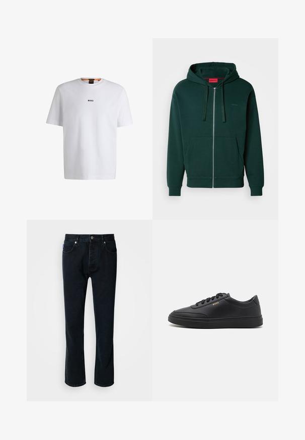 Groene zip-up hoodie met een kangoeroezak, een capuchon met trekkoorden en geribbelde boorden. Heeft een klein logo op de linker borst. Zachte stofstructuur.; Witte katoenen T-shirt met korte mouwen, voorzien van een zwart "BOSS"-logo in het midden van de borst en een ronde halsontwerp.; HUGO JONAH - Straight leg jeans - dark blue; Zwarte leren sneakers met een gladde textuur, ronde neus, platte rubberen zool en tonale veters. Kenmerkt zich door de gouden "BOSS" branding aan de zijkant.
