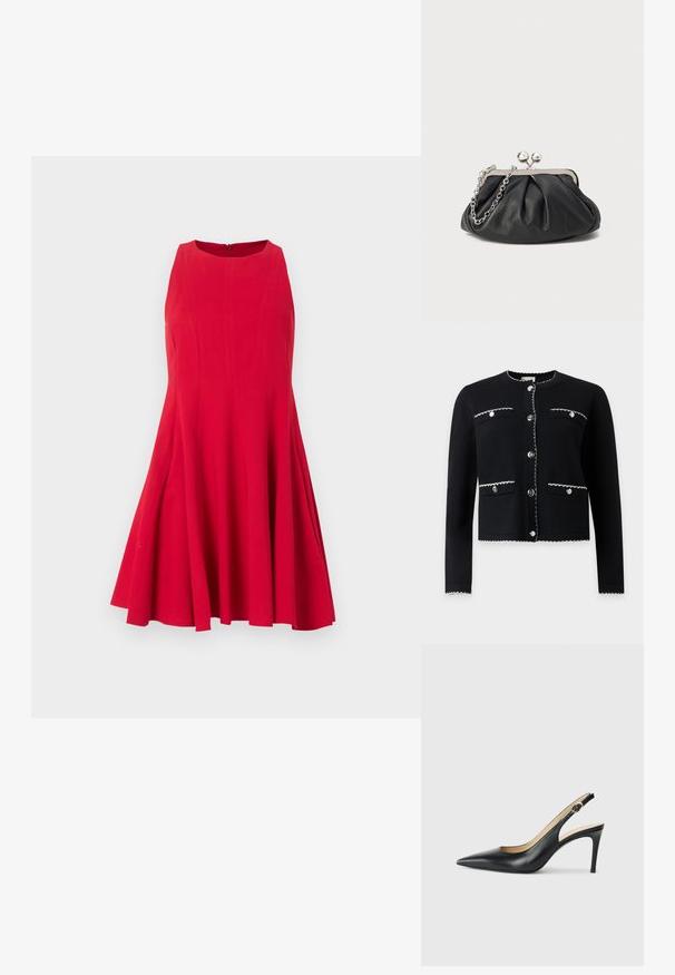Cardigan noir à manches longues avec bordure blanche cousue, col rond, et quatre poches avant boutonnées, boutonné au centre.; Robe rouge vif sans manches avec une jupe évasée et un col rond, présentée sur un fond gris clair uni.; Escarpins en cuir noir avec une pointe fine, une bride ajustable et un talon aiguille élégant, présentant une finition lisse.; Porte-monnaie en cuir noir avec texture froncée, cadre en métal argenté, fermeture à verrouillage kiss-lock et bandoulière en chaîne. Surface lisse et douce.