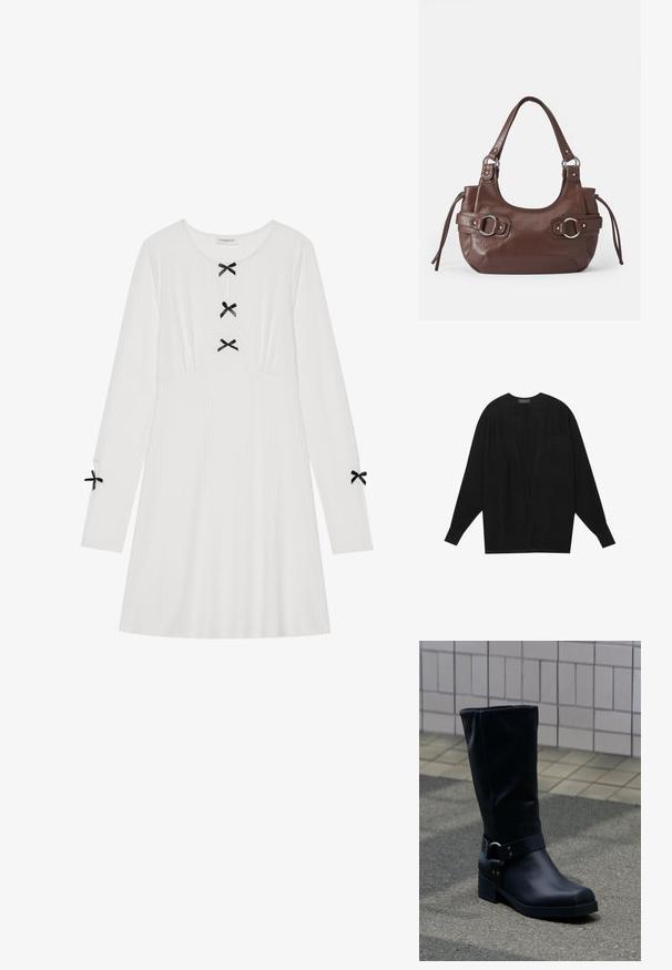 Anna Field Chaqueta de punto - black; Vestido blanco de manga larga hecho de tela acanalada, con tres lazos negros en la parte delantera y dos en las mangas. Cuello redondeado, forma tipo A.; Bota negra de cuero hasta la mitad de la pantorrilla con un tacón bajo de bloque y una correa decorativa con hebilla metálica alrededor del tobillo, sobre un pavimento de baldosas.; Bolso de mano de cuero marrón con forma redondeada, herrajes plateados, dos correas laterales y una textura suave. Cuenta con un asa superior única.