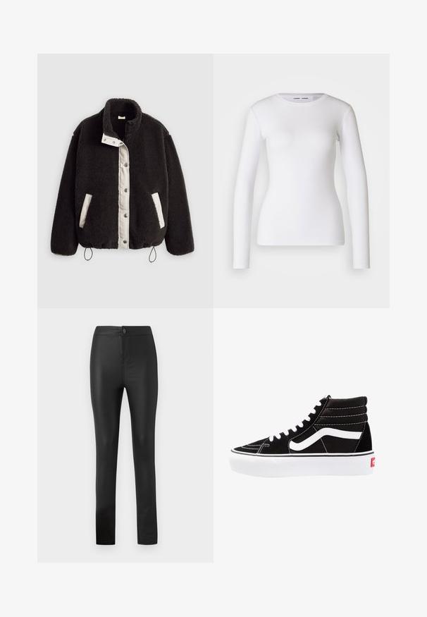 Zwarte pluchen jas met een contrasterend wit voorpaneel, drukknopen, zijzakken en verstelbare trekkoorden aan de zoom.; Witte longsleeve shirt van ribstof, met een ronde halslijn en een getailleerde vorm. Er zijn geen patronen of accenten aanwezig.; Zwarte legging gemaakt van rekbaar, glad materiaal met een aansluitend ontwerp, voorzien van een voorknop en ritssluiting, en rechte pijpen.; Zwarte high-top sneakers met witte veters, een wit logo en contrasterende witte stiksels. Heeft een dikke witte zool en een bovenwerk van gestructureerd suede.