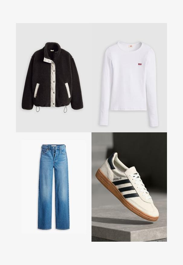 Zwarte pluchen jas met een contrasterend wit voorpaneel, drukknopen, zijzakken en verstelbare trekkoorden aan de zoom.; Wit Levi's shirt met lange mouwen, ronde hals en klein rood Levi's-logo op de linkerborst, afgebeeld op een effen achtergrond.; Blauwe spijkerbroek met een hoge taille, wijde pijpen en vijf-pocketstijl. Voorzien van een knopenfly en een vervaagde afwerking.; Witte suède sneakers met marineblauwe strepen, rubberen gumzool, gestructureerde bovenkant, ronde neus en veters; heeft branding aan de zijkant en op de tong.