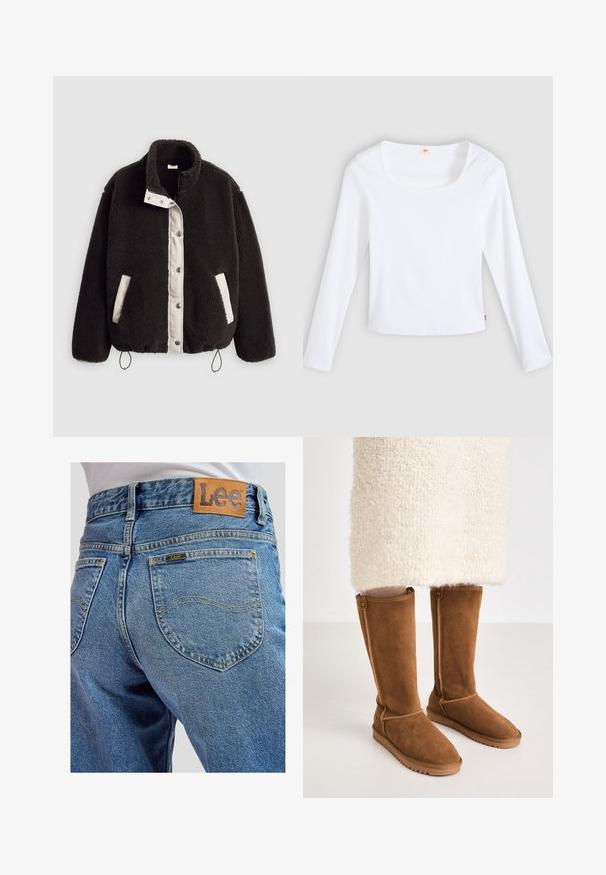 Veste en peluche noire avec un panneau avant contrastant blanc, des boutons-pression, des poches latérales et des cordons ajustables à l'ourlet.; T-shirt blanc à manches longues en tissu côtelé, avec un col carré et une coupe ajustée, orné d'une petite étiquette logo sur le côté.; Jean bleu en denim avec poches arrière présentant des surpiqûres jaunes et une écusson en cuir marron de la marque Lee sur la ceinture.; Bottes en suède marron à hauteur de genou avec une texture lisse, présentant des coutures latérales et une semelle en caoutchouc pour une bonne traction.