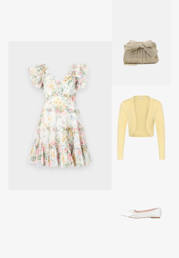 Lys gul kort cardigan med lange ærmer og buet åben front, vist på en ensfarvet hvid baggrund.; Blomstret kjole i let stof, med flæset ærmer, dyb V-udskæring og lagdelt nederdel med pastelblomster og matchende flæsede detaljer.; Hvid spids flad sko med en stor dekorativ sløjfe foran og en lysebrun sål, set fra siden.; Loeffler Randall PLEATED FRAME WITH BOW - Clutches - platinum