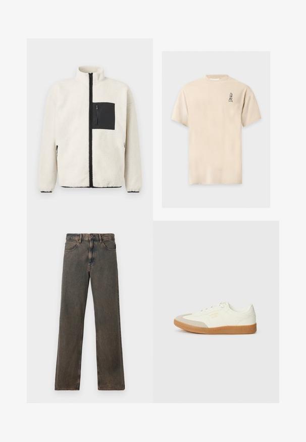 Fleecejakke i kremfarve med en sort lynlåslomme på brystet, høj krave og sorte lynlåsdetaljer langs fronten og lommerne.; Beige kortærmet T-shirt med rund hals og små sorte japanske tegn trykt på øverste venstre bryst.; Brune vaskede lige ben jeans med forlommer, knaplukning og bæltestropper vist mod en hvid baggrund.; Sneaker lavet af hvid læder med en beige tåhætte og let brunt gummisål. Har flade hvide snørebånd og prægede branding på siden.