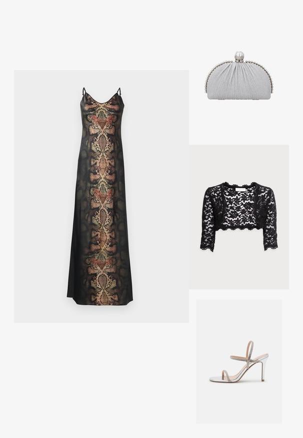 Sort lace crop jakke med en scalloped kant, lange ærmer og intrikate blomstermønstre. Letvægtig, gennemsigtig tekstur.; Sort slipdress med slangeskinds mønster i jordfarver og metalliske detaljer, med tynde justerbare stropper og en glat tekstur.; Madden Girl WISE - Højhælede sandaletter / Højhælede sandaler - silver; Sølvgrå clutchpung med samlet stof, perlekant langs kanterne og en dekorativ sølvspænde på toppen.