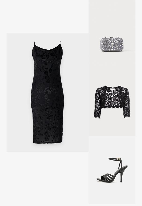 Sort lace crop jakke med en scalloped kant, lange ærmer og intrikate blomstermønstre. Letvægtig, gennemsigtig tekstur.; Sort tætsiddende kjole med blomstermønster, der har tynde stropper og en faldende halsudskæring. Fremstillet af glat stof med en struktureret overflade.; Sort stiletto sandal med remme, en slank ankelrem, åben tå og en glat finish. Har en slank hæl og et tekstureret remdesign.; Lille rektangulær mørkegrå clutch pyntet med klare rhinsten i et strålende mønster og en sølvkæde som strop.