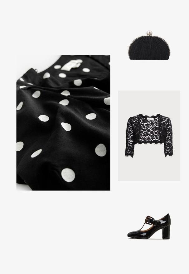 Zwarte kanten cropjack met een gegolfde zoom, lange mouwen en ingewikkelde bloemenpatronen. Lichtgewicht, doorzichtige textuur.; Next V-NECK PUFF SLEEVE MINI - Blousejurk - black spot; Zwart gepatineerd leren hoge hak schoen met een ronde neus, T-band ontwerp en een schildpaddenpanser gespaccent op de bovenkant. Blokhak.; Zwarte avondclutch met gestructureerde stof, omlijst door een rij kleine parels en een grote parelsluiting bovenop.