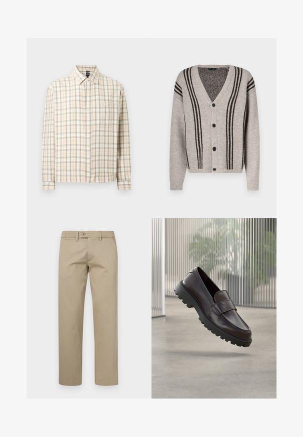 Cardigan gris clair avec un col en V, des rayures verticales noires et une fermeture à boutons. Texture tricotée et poignets côtelés.; Chemise à manches longues en plaid beige avec fermeture à boutons sur le devant, une poche poitrine unique et un col classique, présentée sur un fond uni.; Pantalon beige clair en tissu lisse, avec une coupe droite, des poches avant et une fermeture à un bouton à la taille.; Chaussure à enfiler en cuir marron avec un bout rond et une semelle en caoutchouc noire robuste. Présente une bride décorative traversant le coup de pied.
