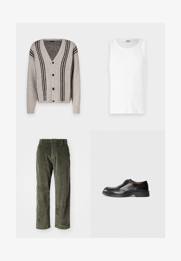 Lysegrå cardigan med V-hals, sorte lodrette striber og knaplukning. Strikket tekstur og ribbede ærmekanter.; Hvid bomulds tanktop uden ærmer med rund halsudskæring og en glat tekstur. Enkel design, ingen mønstre eller accenter.; Olivengrønne fløjlsbukser med lodrette ribber, der har knaplukning og lige ben. Blød tekstur med en klassisk pasform.; Sorte lædersko med rund tå, glat overflade, snøre detaljer og en lav, tekstureret gummisål. Rene linjer og minimalistisk design.