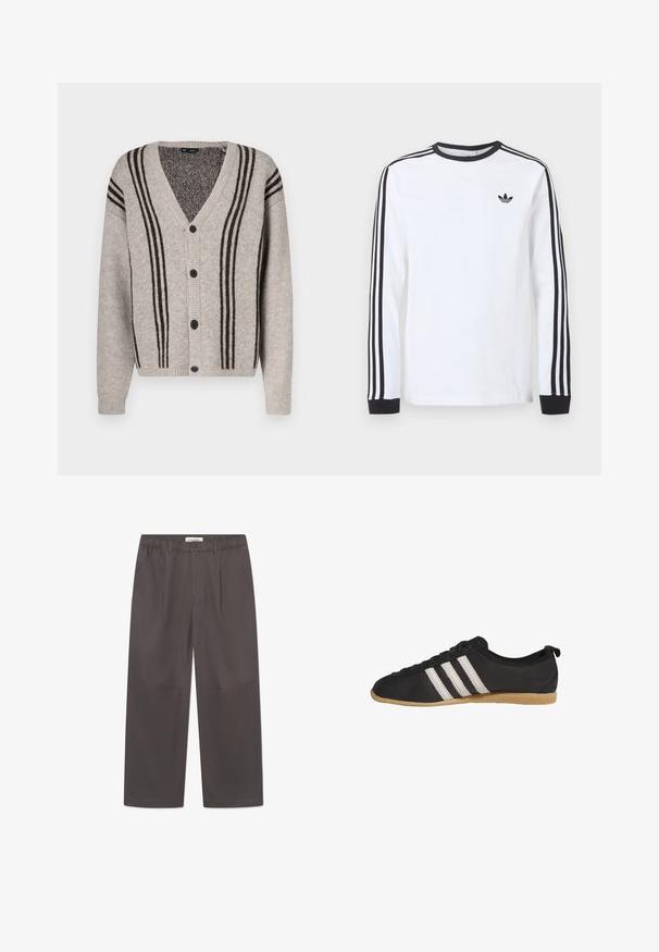 Lichtgrijs vest met V-hals, zwarte verticale strepen en knoopsluiting. Gebreide textuur en geribbelde manchetten.; Wit Adidas shirt met lange mouwen, zwarte ronde hals, zwarte boordjes, drie zwarte strepen langs de mouwen en een zwart trefoil-logo op de borst.; Grijze, wijde broek van soepel stof, met een knoopsluiting en twee zijzakken. Eenvoudig, strak ontwerp zonder zichtbare patronen.; Zwarte lage sneaker met witte strepen en bruine rubberen zool, zijaanzicht op een witte achtergrond.