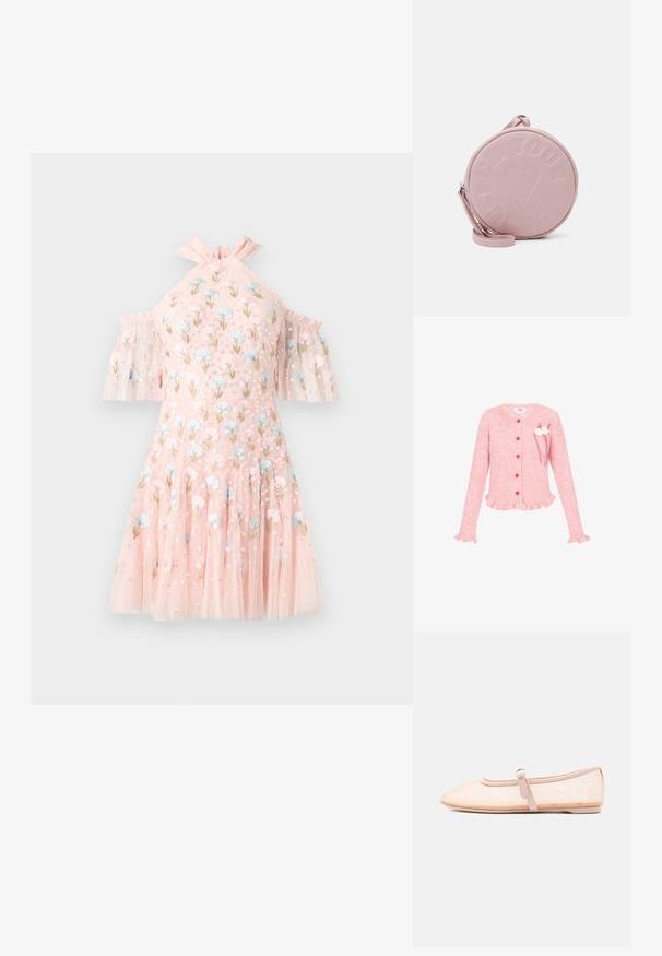 Cardigan rose à côtes avec des boutons en forme de cœur rouges, un ourlet et des poignets froncés, et des fleurs blanches décoratives avec des rubans rouges sur la poitrine.; Robe courte rose avec manches épaules dénudées, ornée de broderies florales bleues et roses, tissu en tulle transparent à couches, et encolure à volants.; Chaussure plate beige clair avec un bout pointu et une bride latérale avec boucle, présentée sur un fond blanc uni.; Sac en cuir rose rond avec texte embossé et motif de cœur, doté d'une bandoulière amovible et d'une texture lisse.
