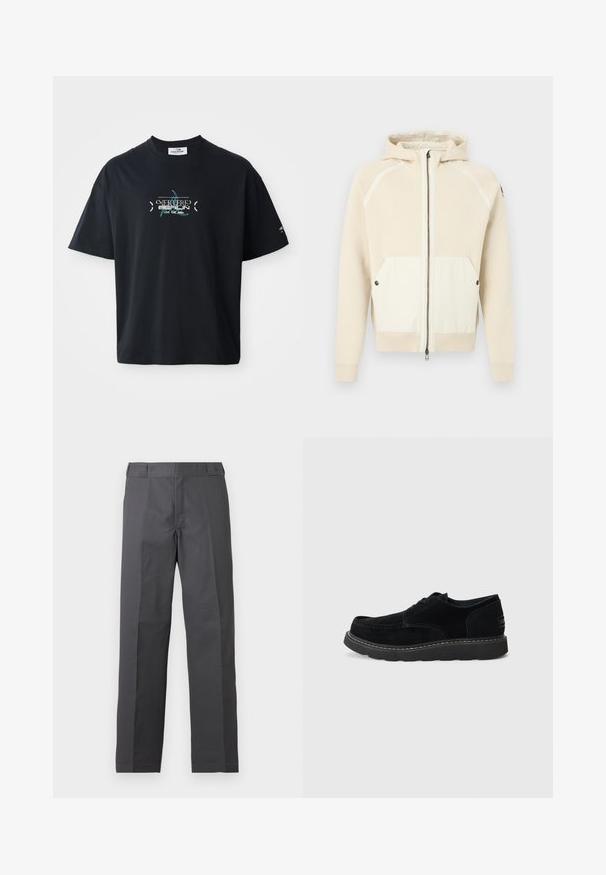 Beiger Kapuzenpullover mit Reißverschluss, Kapuze und zwei Fronttaschen mit Druckknöpfen, dargestellt vor einfachem weißen Hintergrund.; Schwarzes Baumwoll-T-Shirt mit Rundhalsausschnitt, das ein türkisfarbenes Grafikdesign und Text auf der Vorderseite zeigt. Kurze Ärmel und lockere Passform.; Dunkelgraue gerade geschnittene Hose mit flacher Vorderseite und ohne sichtbare Taschen, auf weißem Hintergrund dargestellt.; Schwarze Wildleder Schnürschuhe mit runder Zehenform, kontrastierenden Nähten und einer dicken Gummisohle, ausgestattet mit einem Markenlabel an der Ferse.