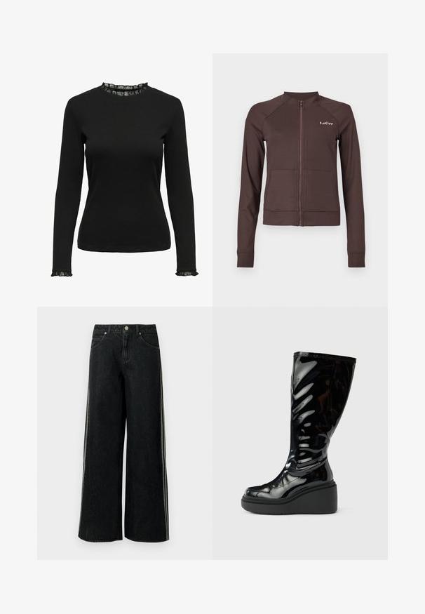 Chaqueta marrón con cremallera, textura acanalada, mangas raglán y logotipo. Cuenta con dos bolsillos delanteros y puños y dobladillo ajustados.; Top negro de manga larga fabricado en tejido acanalado, con un detalle de encaje con volantes en el escote y los puños. Diseño de cuello redondo simple.; Vaqueros negros de pierna ancha con franjas laterales, bolsillos delanteros, trabillas para cinturón y cierre de botón metálico en la cintura.; Bota negra brillante hasta la rodilla con una textura suave, punta redondeada y una suela gruesa tipo plataforma. Cuenta con un diseño sutil en forma de onda en el cañón.