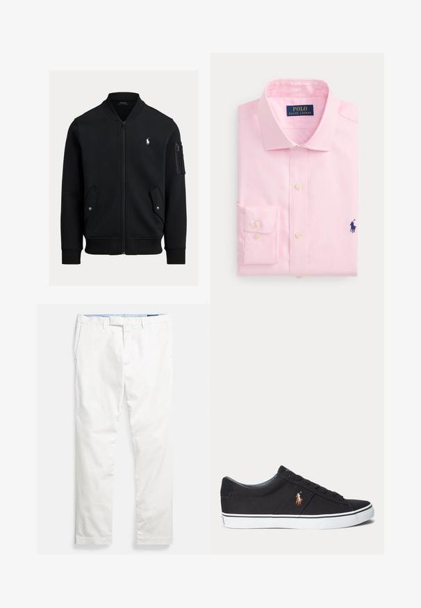 Mustast lukuga bomberjakk soonikkoelise krae, mansettide ja äärega, kaks eesmist trukiga taskut, lukuga varrukatasku ja väike valge Polo Ralph Lauren logo.; Hele roosa pika varrukaga triiksärk, volditud, lukustatud mansettide ja kraega, mille rinnal on tumesinise Polo Ralph Laureni logo.; Valged puuvillased chinos-püksid, millel on lame eesmine osa, vööaasad, küljetaskud ja sile tekstuur, sinise sisemise vöörihmaga.; Must madala säärega toss valge tallaga ja külje peal tikitud polo mängija logoga, paeltega kinnitusega ja tekstureeritud kangast pealiskihiga.