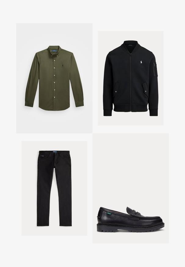 Zwarte bomberjas met ritssluiting, geribde kraag, manchetten en zoom, twee voorzakken met drukknoop, een zak met rits op de mouw en klein wit Polo Ralph Lauren-logo.; Overhemd met lange mouwen en knopen in olijfgroen katoen. Voorzien van een klein geborduurd logo op de borst, een standaard kraag en knoopaccenten.; Zwarte denim jeans met een slim fit, voorzien van vijf zakken, riemlussen en een blauw merkembleem op de tailleband. Glad, duurzaam materiaal.; Zwarte leren loafer met dikke geprofileerde zool en klein groen "Polo" label aan de buitenkant bij de hiel.