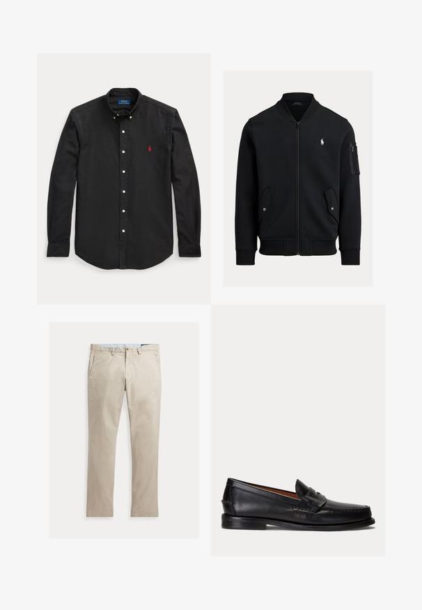 Sort zip-up bomberjakke med ribbet krave, manchetter og kant, to forlommer med knapper, lynlåslomme på ærmet og lille hvid Polo Ralph Lauren-logo.; Sort langærmet skjorte med knapper, med rødt broderet logo på venstre bryst og en knappet krave.; Beige bomuldsbukser med lige ben, forlommer, bæltestropper, knaplukning og lynlås, lagt fladt på en hvid baggrund.; Sort læderloafer med lav hæl og pennyremdetalje, vist fra siden på en lysegrå baggrund.